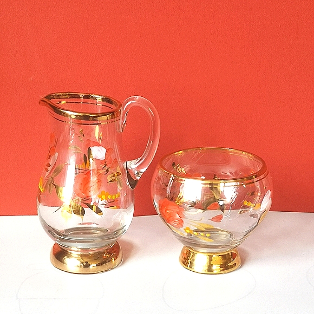 Vintage Hand Painted Glass Creamer & Sugar Bowl Set